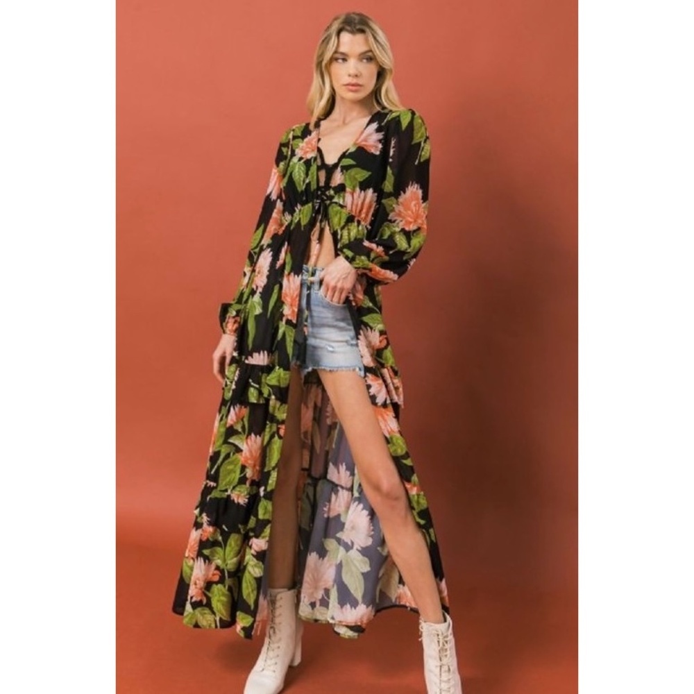 Flying Tomato Tropical Print Long Sleeve Maxi Top - Picture 2 of 9